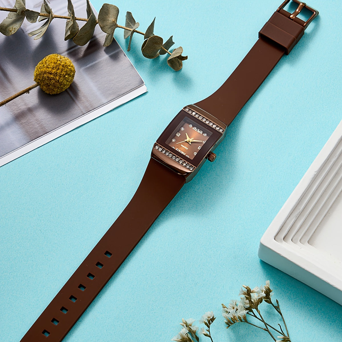 Women's Square Fashion Silicone Watch with Rhinestones and Elegant Design