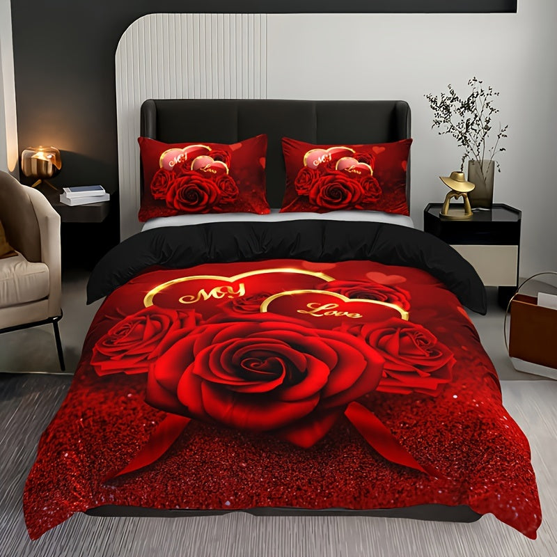 Conjunto de ropa de cama con funda nórdica de flores de rosas rojas románticas de 3 piezas con impresión HD para el Día de San Valentín