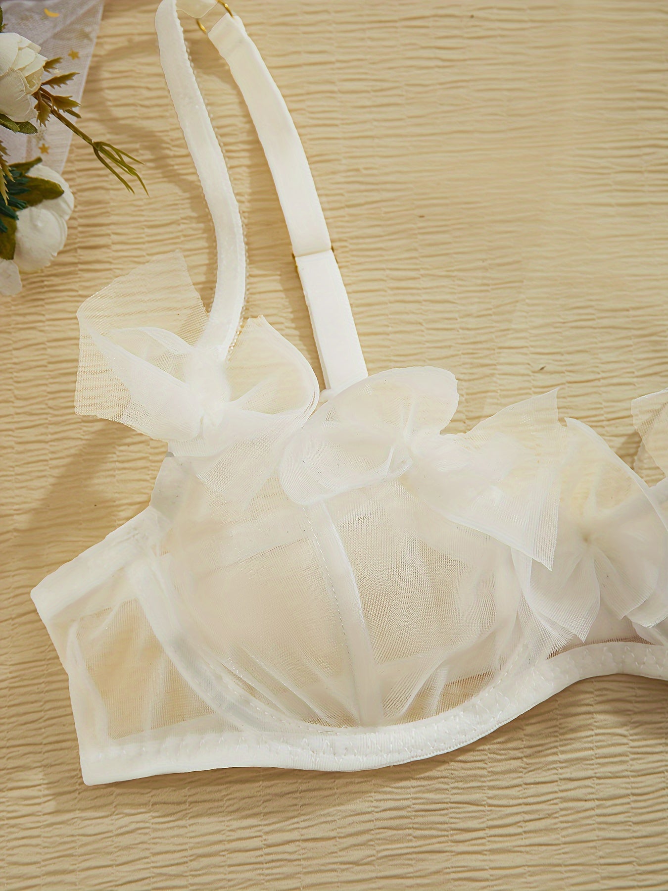 Mesh kamarlik ichki kiyim to'plami, spaghetti tasmalari bilan, bra va ichki kiyimni o'z ichiga oladi, ayollar uchun jozibali kiyim.