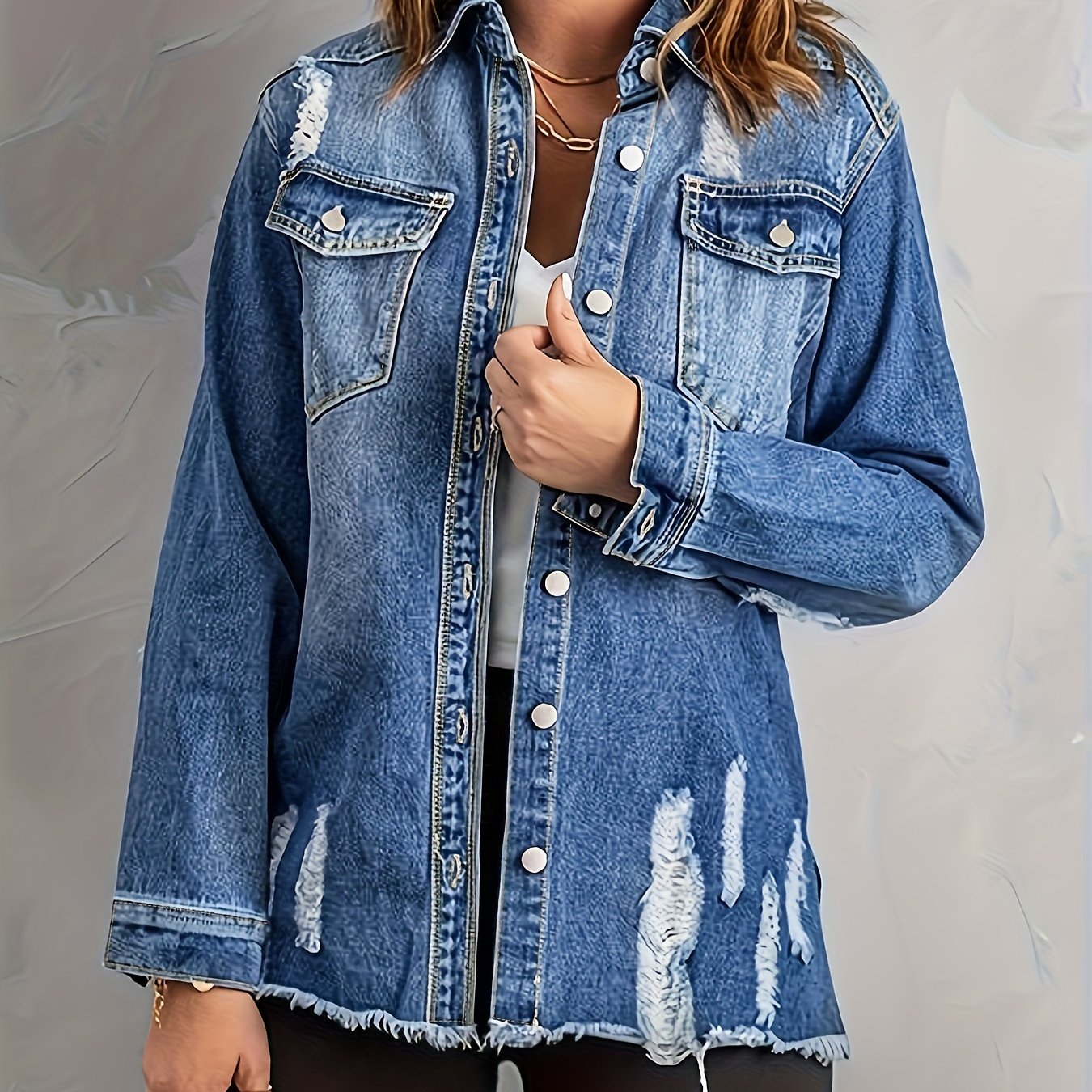 Women's Denim Jacket Washed Distressed Ripped Solid Color Spring Summer Coat
