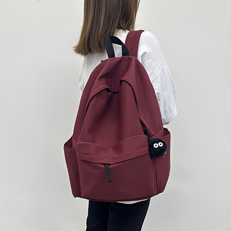 Ayollar uchun Preppy uslubidagi nylon rucksack, sozlanadigan kamarlar, bir xil rang, katta sig'im, zip yopilishi, polyester astar - tasodifiy ishga borish uchun kitob sumkasi