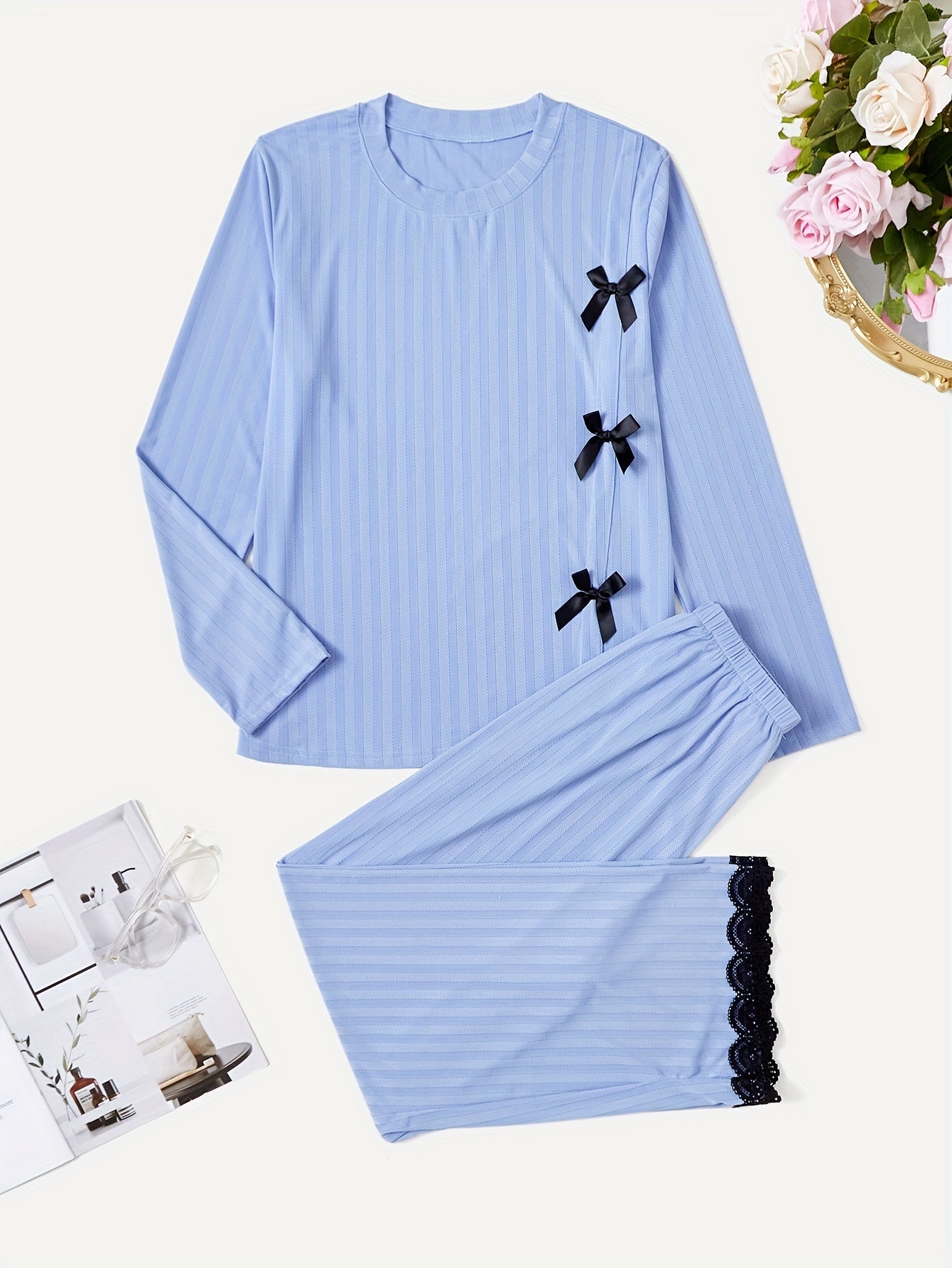 Women's Solid Lounge Set with Crew Neck Top and Lace Trim Pants