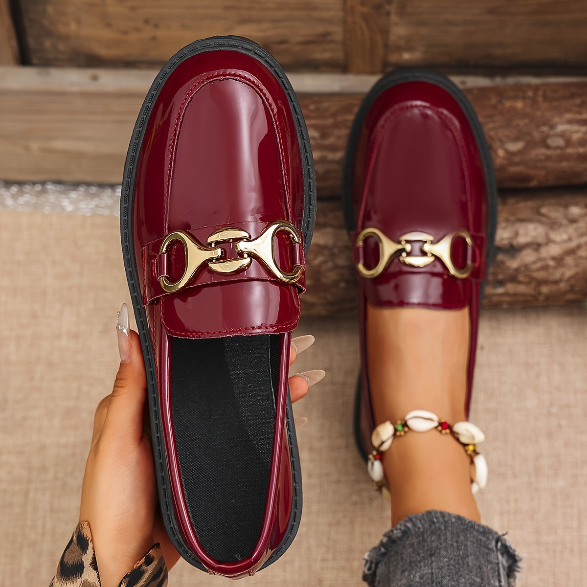 Women's Glossy Red Synthetic Penny Loafers Slip-On Shoes with Cushioned Sole