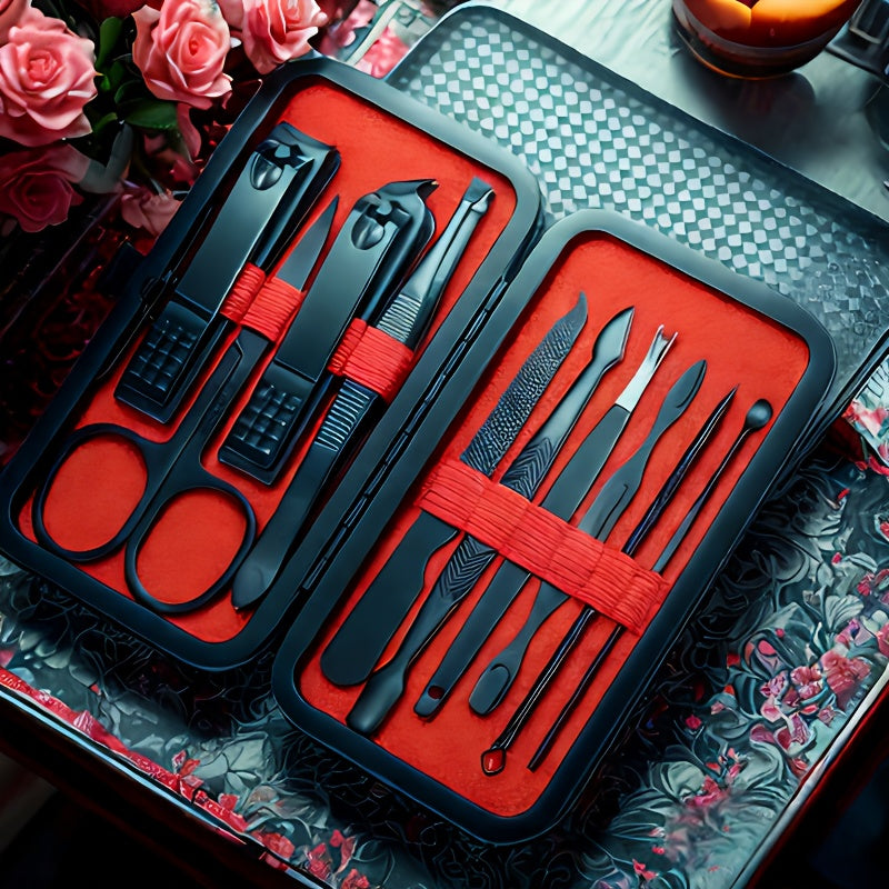 Deluxe Manicure and Pedicure Set with Stainless Steel Tools in Black and Red Case