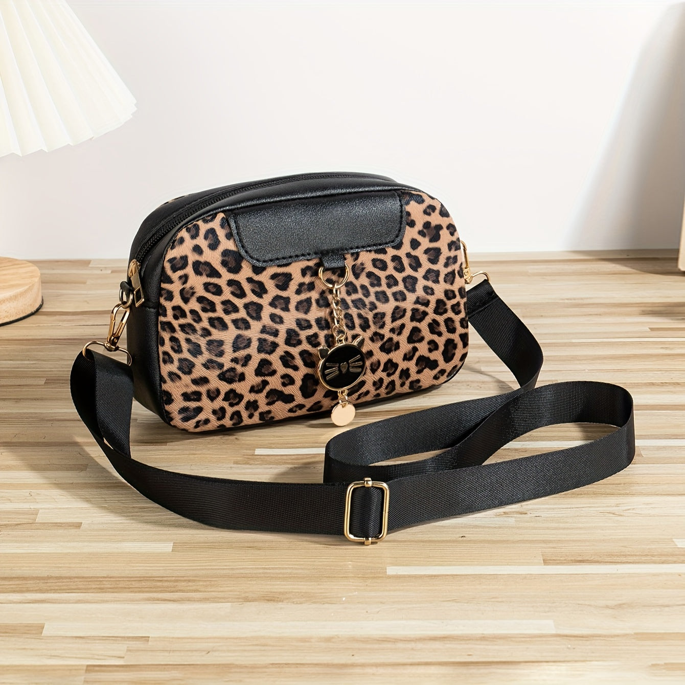 Leopard Print Crossbody Bag for Women with Adjustable Strap Cat Charm Zipper Closure