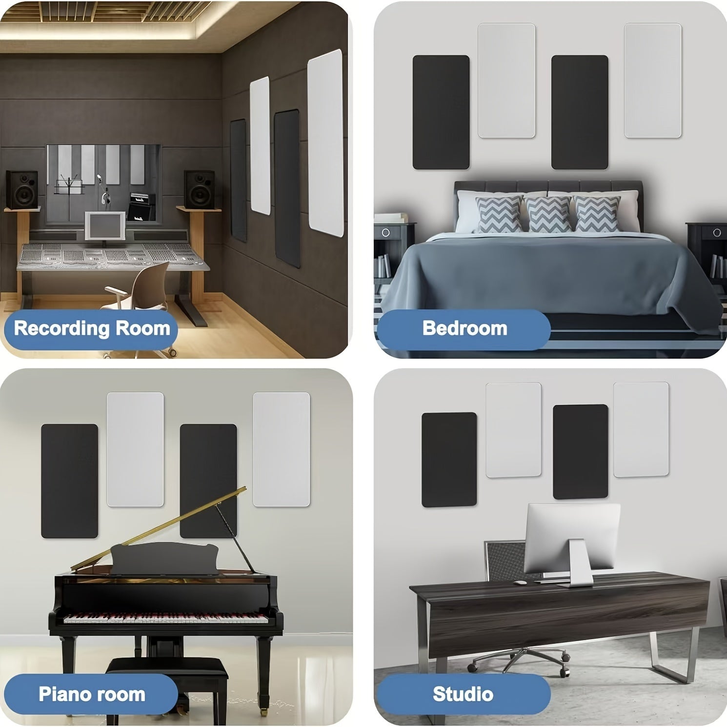 Studio darajasidagi ovoz o'chiruvchi panellar qora/oq ranglarda mavjud, o'lchamlari 60.96 sm x 30.48 sm x 1.02 sm, yozish xonalari, ofislar va o'yin maydonchalari uchun ideal. Shovqinni kamaytirishga va aks-sadolarni bekor qilishga yordam beradi.