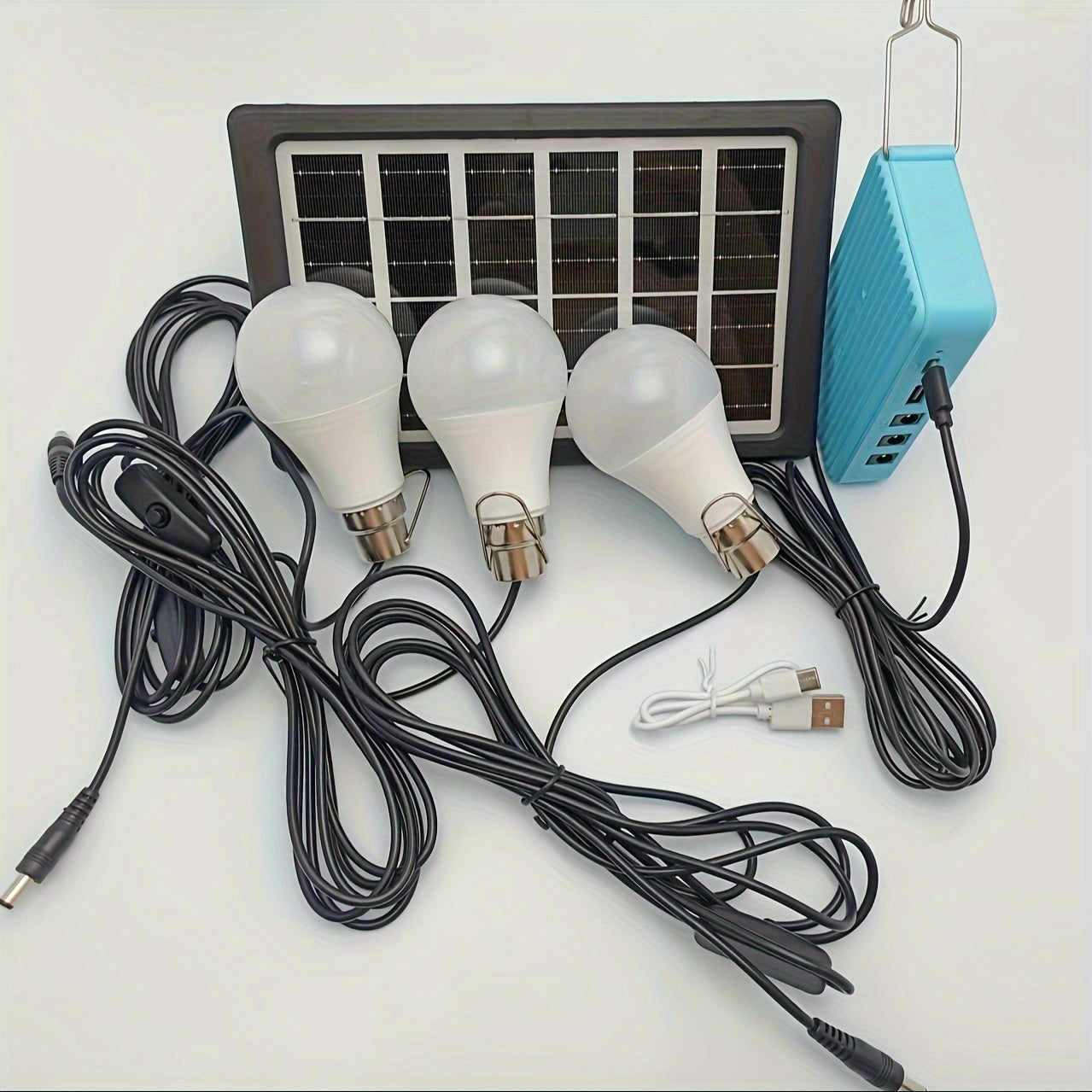 Набор солнечных панелей 3W с фотогальванической панелью 3W, кабелем длиной 3 метра, зарядным ящиком и 2 низковольтными лампами по 9W для зарядки мобильных устройств и аварийного освещения