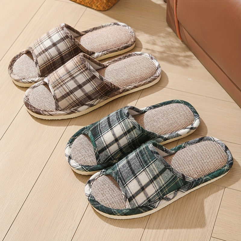 Linen Plaid Slip-On Slippers for Home and Travel Non-Slip Lightweight Casual