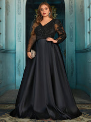Plus Size V-Neck Long Gown with Rhinestone Embellishments Formal Evening Dress
