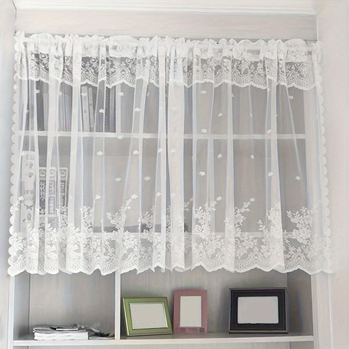 White Floral Lace Curtain with Rod Pocket for Living Room Bedroom Kitchen