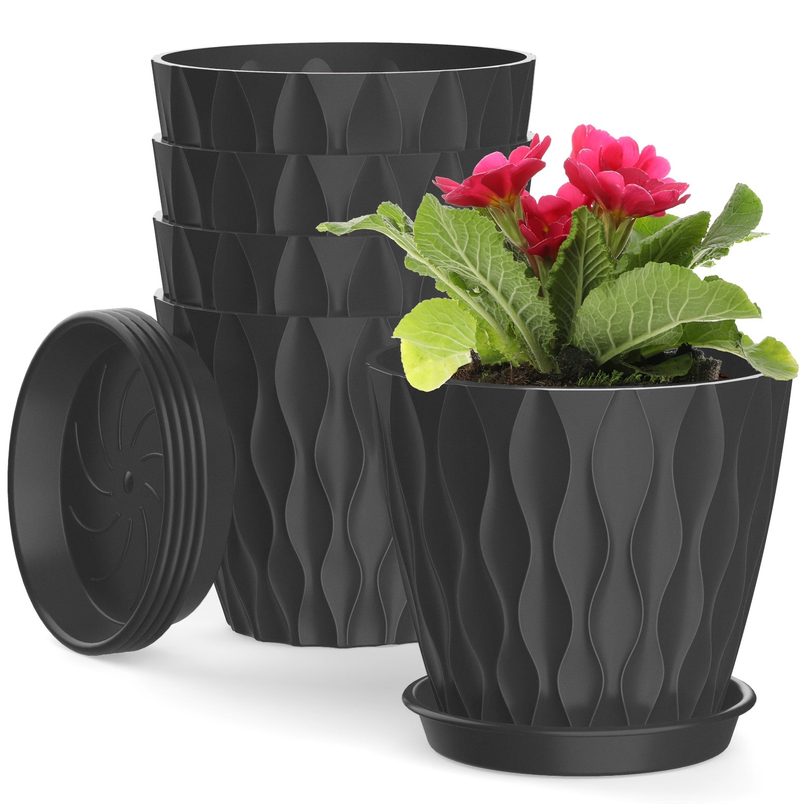 Set of 5 Boho Striped Plastic Flower Pots with Saucers 6-Inch Round Indoor Outdoor