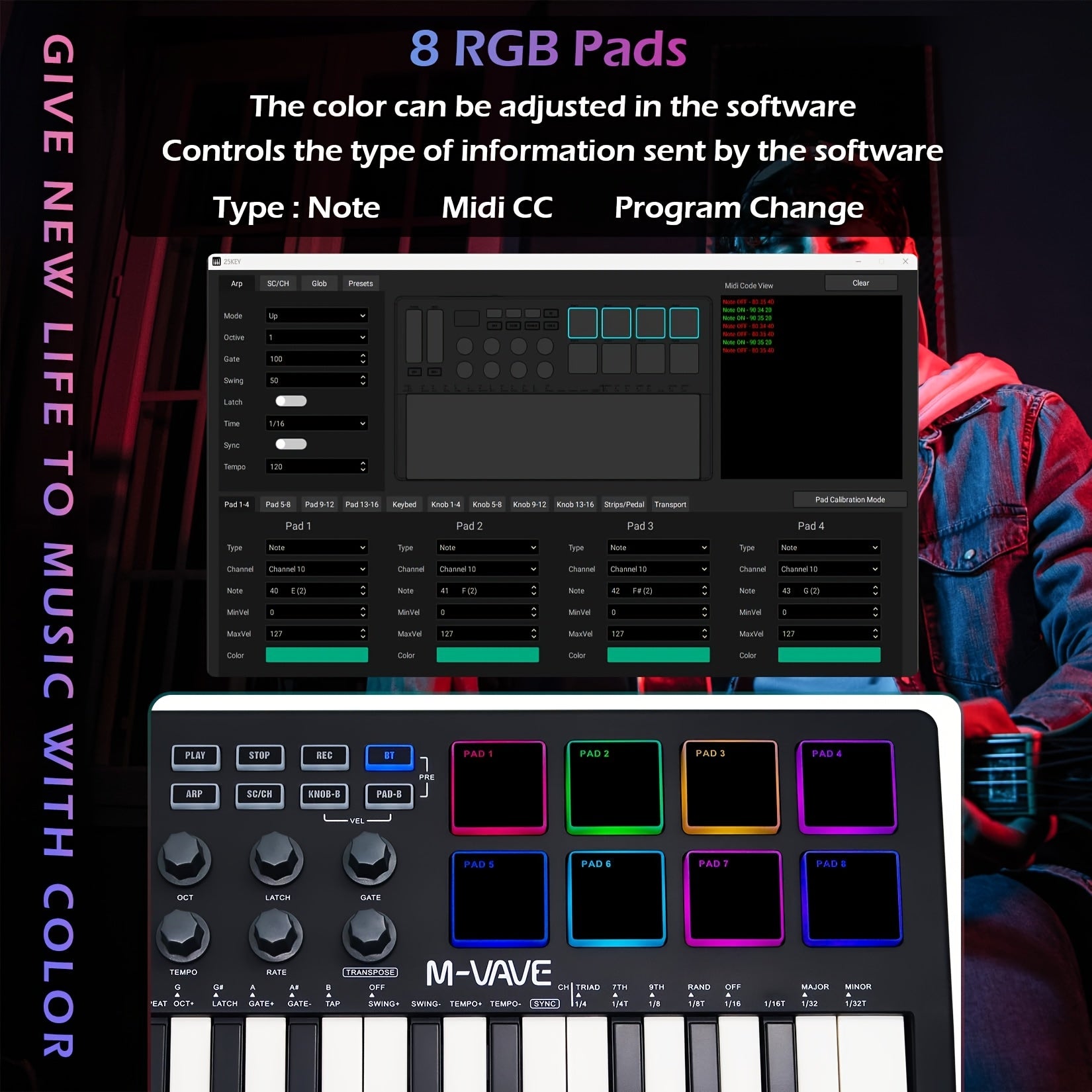 25 ta kalitli professional MIDI klaviatura, 8 ta yoritilgan baraban padlari va simsiz ulanish uchun o'rnatilgan batareya, musiqa ishlab chiqarish uchun ideal.