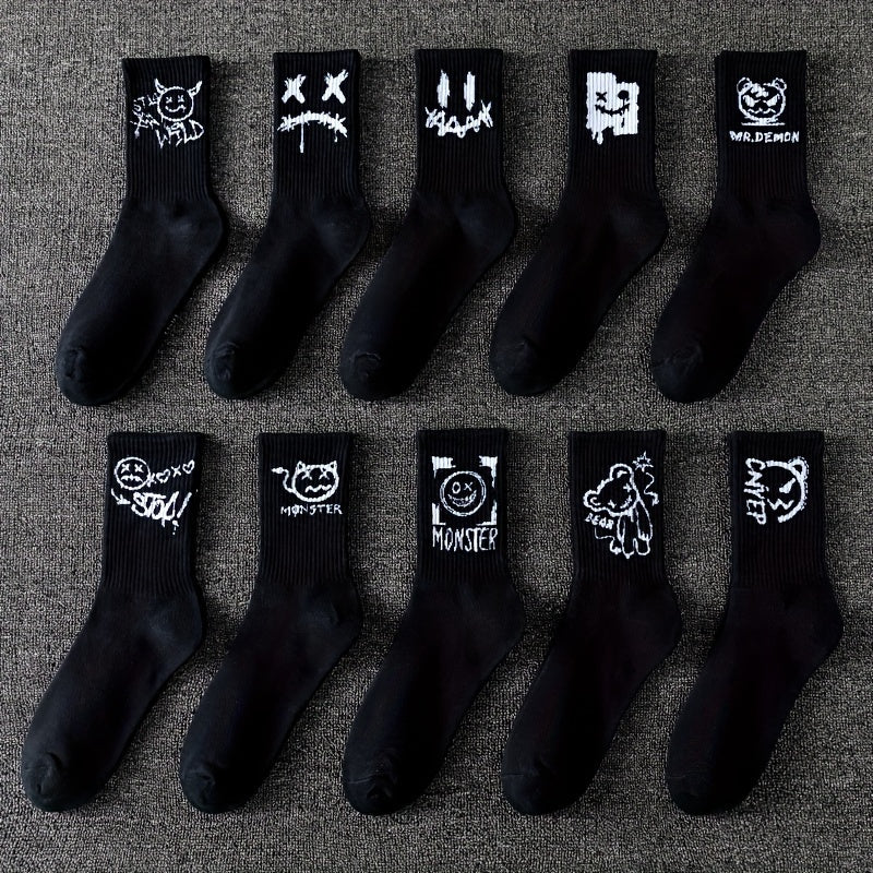 Men's Graffiti Pattern Crew Socks 3/5/8/10 Pairs Breathable Comfortable Outdoor