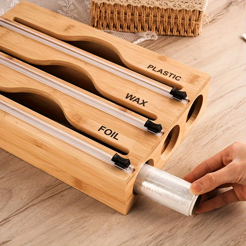 Bamboo Wrap Organizer Set with Storage Box Cutter Labels Aluminum Foil Dispenser