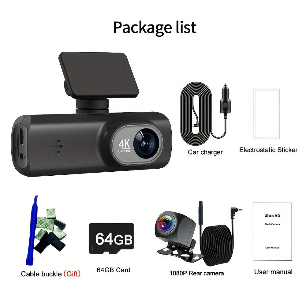 4K Ultra HD Dash Cam with Front and Rear View 64GB WiFi Night Vision Wide Angle