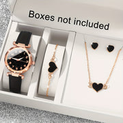 Women's Digital Quartz Watch and Heart Jewelry Set with PU Leather Band