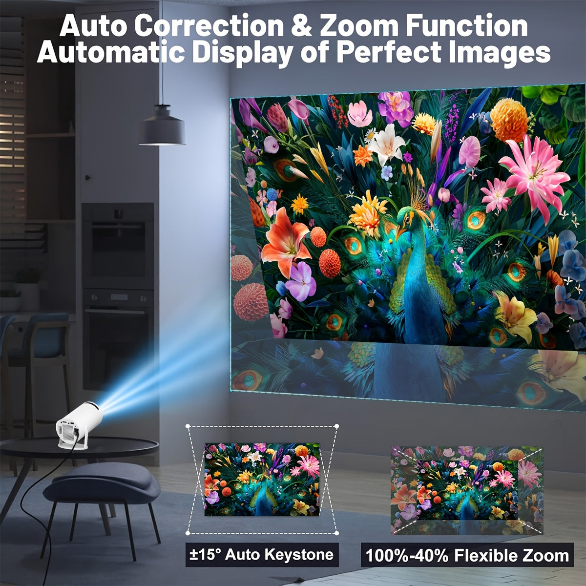 Mini portativ proyektor 1080P 180° buriladigan 3.3m ekran oq