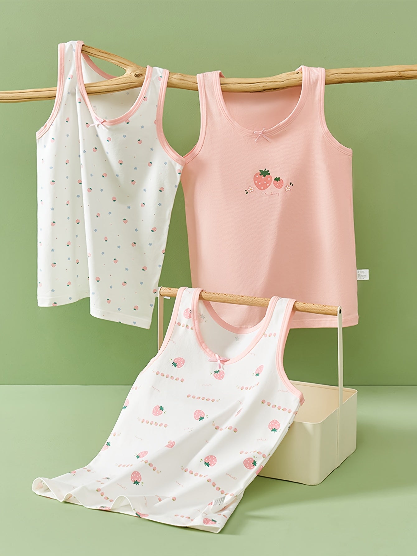 Girls' Cotton Blend Tank Tops Set with Cartoon Patterns and Bow Details for Ages 12 and Under