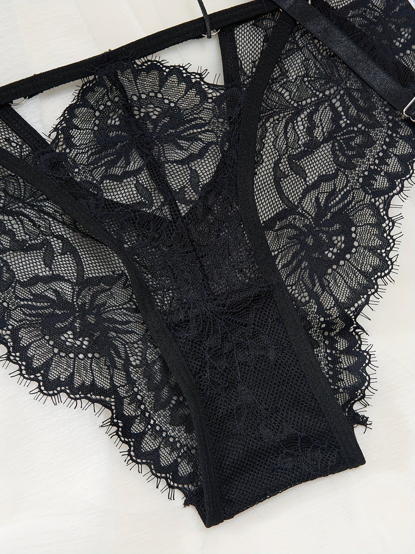 Lingerie Set Floral Lace Garter Belt with Strappy Bra and Cut-Out Panties