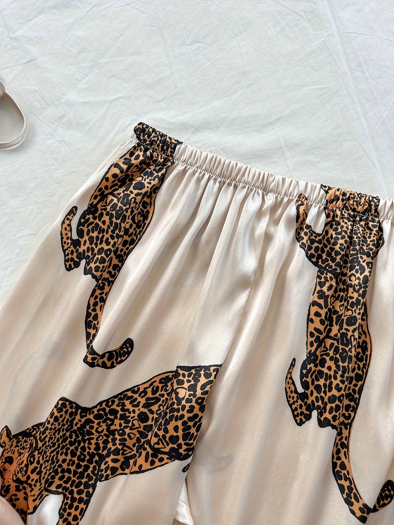 Leopard Print V-Neck Suspender Pajama Set for Adults