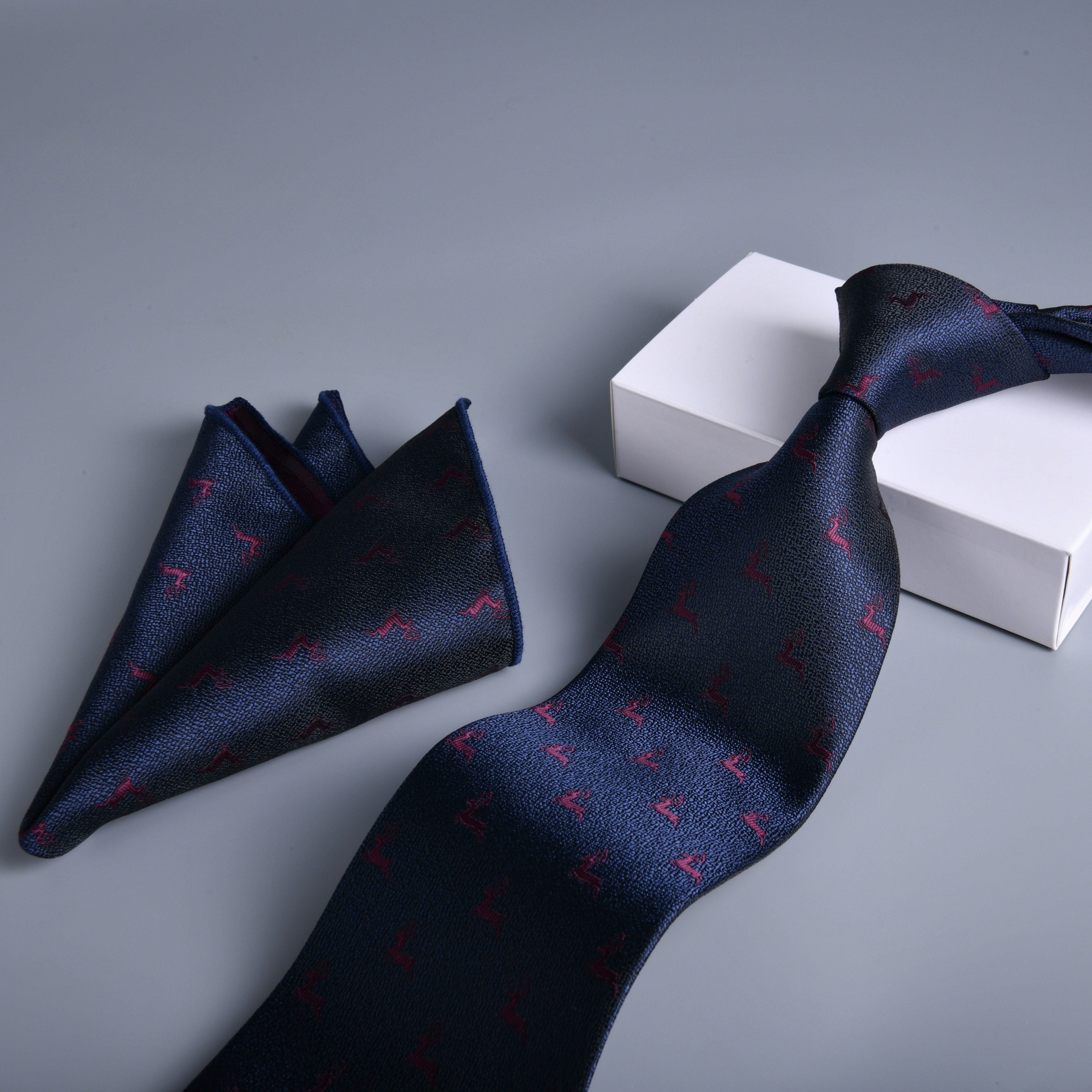 Men's Jacquard Deer Tie and Pocket Square Set Polyester Woven Design
