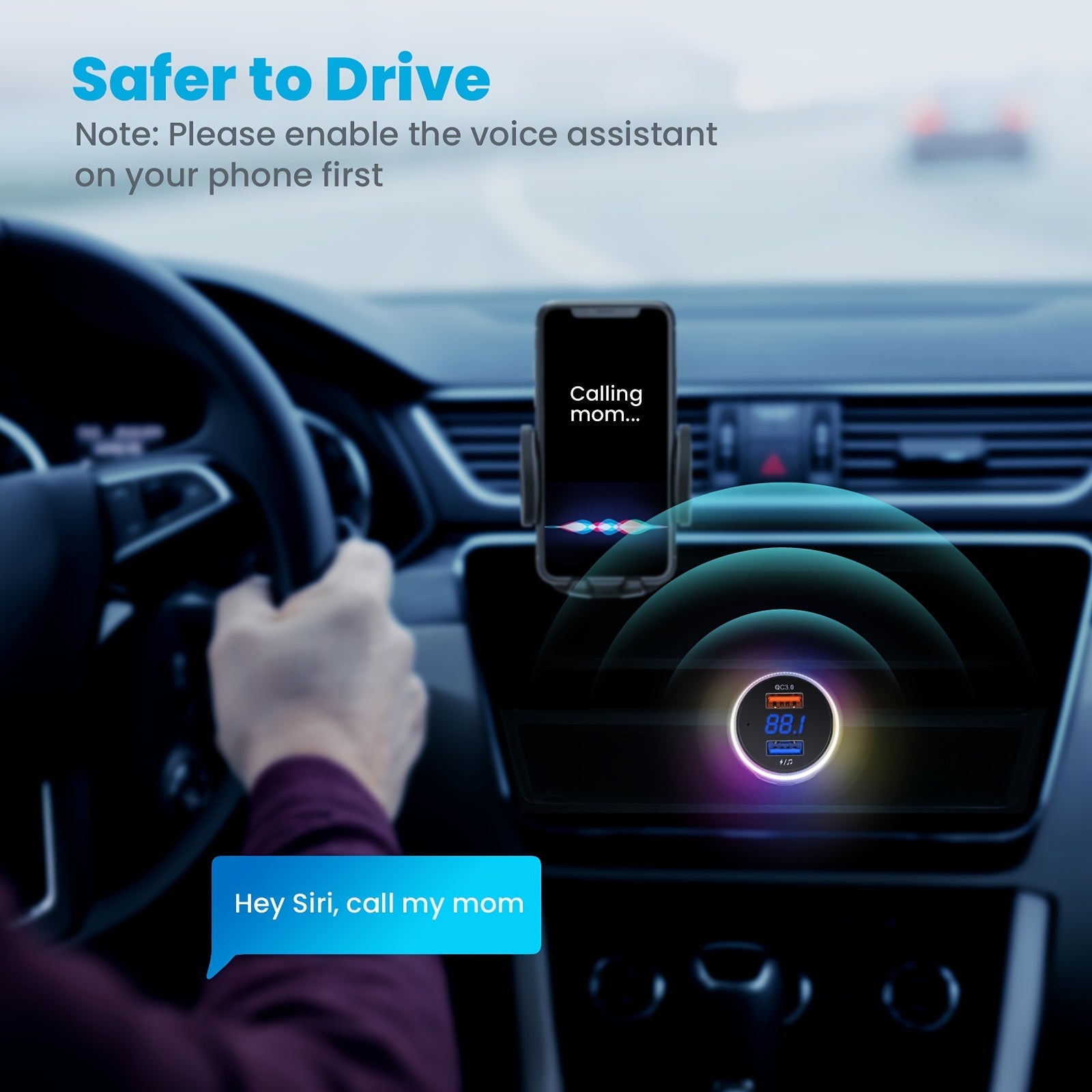 Wireless FM Transmitter Car Adapter with QC3.0 Hands-Free Calls LED Backlit