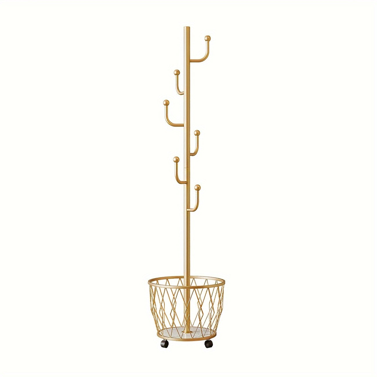 Golden Metal Freestanding Coat Rack with Umbrella Holder and 6 Shelves for Entryway and Living Room