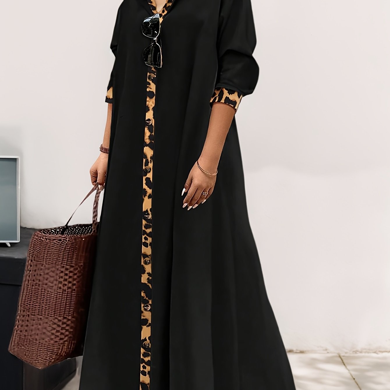 Plus Size Long Dress with Leopard Print Trim and Regular Sleeves for Women
