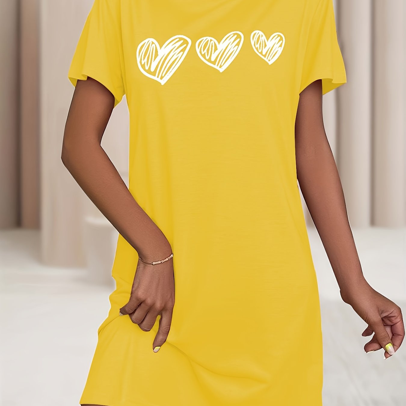 Women's Plus Size Heart Print Sleep Dress Soft Stretchy Nightgown Yellow
