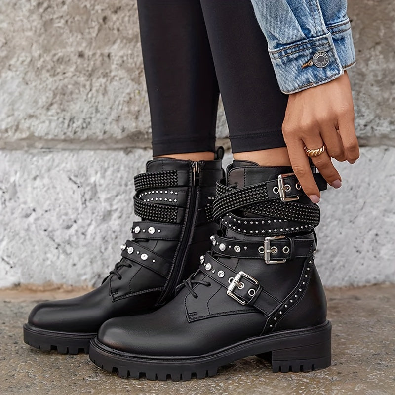 Women's Solid Color Combat Boots with Side Zipper and Buckle
