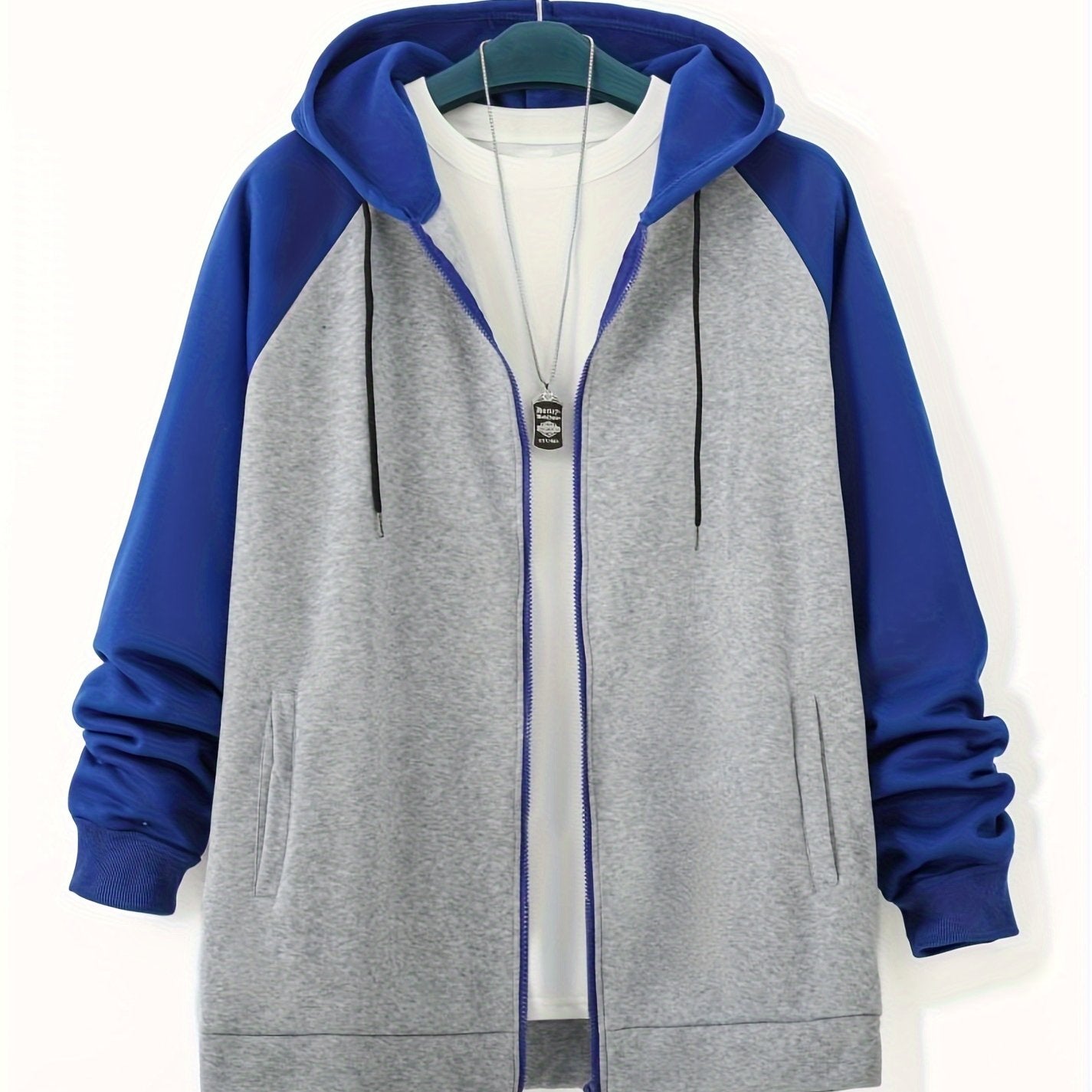 Men's Plus Size Color Block Full Zip Hoodie with Drawstring Long Sleeves