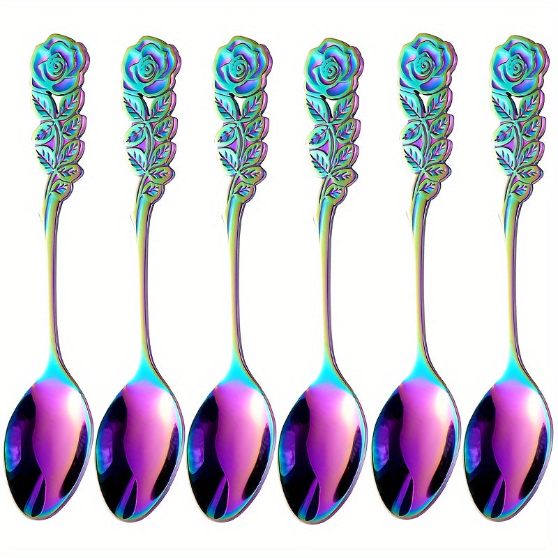 Set of 6 Rose-Shaped Stainless Steel Coffee Spoons for Kitchen and Dessert