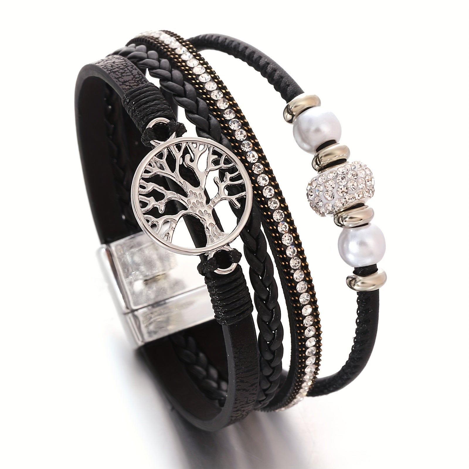 Multi-Layer Faux Leather Wristband with Tree of Life Charm and Rhinestones