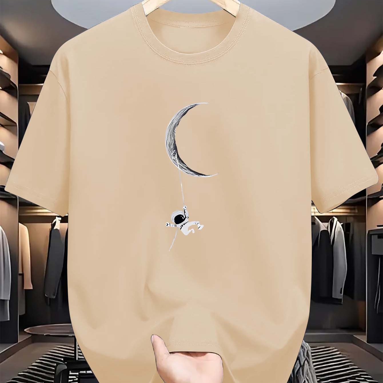 Men's Polyester Crew Neck T-Shirt with Astronaut and Moon Graphic for Summer Casual Fit
