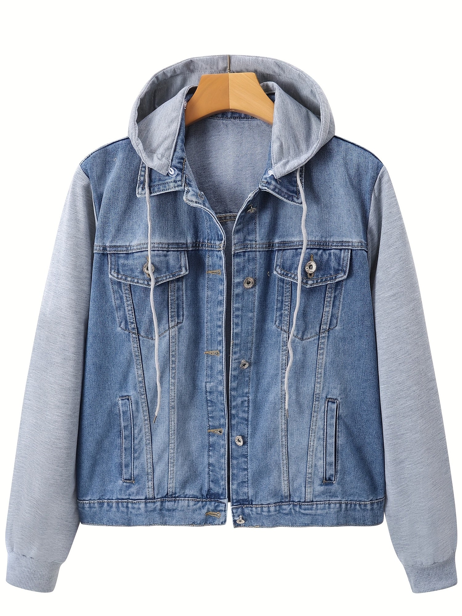 Chaqueta de mezclilla para mujer con capucha desmontable, de color sólido, manga larga, otoño y primavera