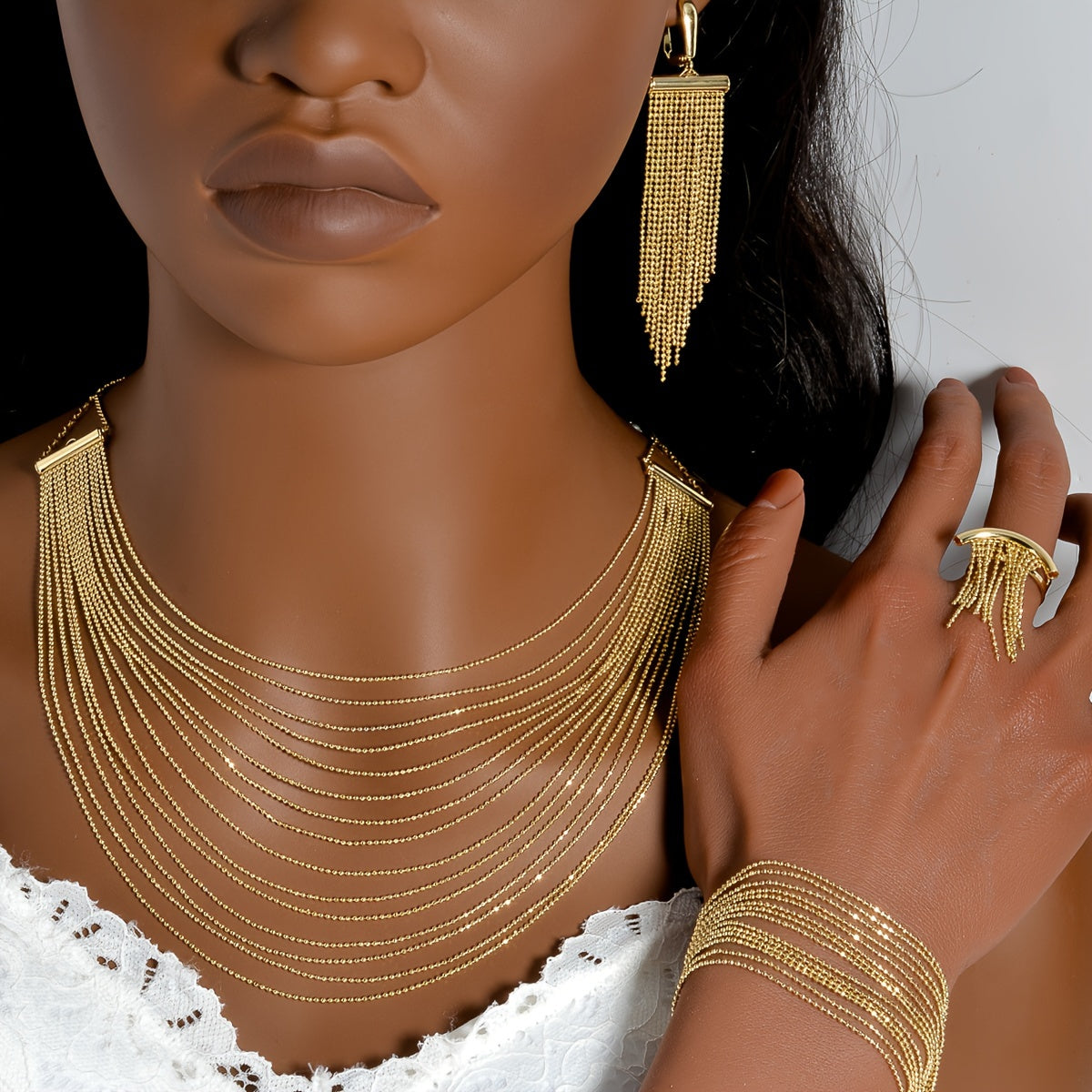 Conjunto de joyería de cobre con pendientes colgantes, anillo y collar con diseño de borla para mujeres