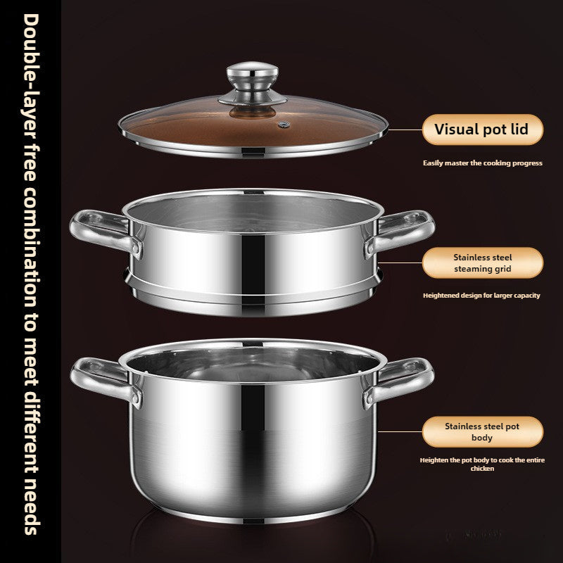Stainless Steel Steamer Pot with Double Layer Basket 21.84cm for Induction Gas Stove
