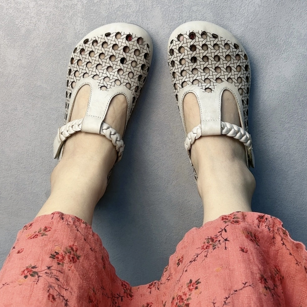 Women's Genuine Leather Mary Jane Flats with Adjustable T-Strap Breathable Summer Shoes