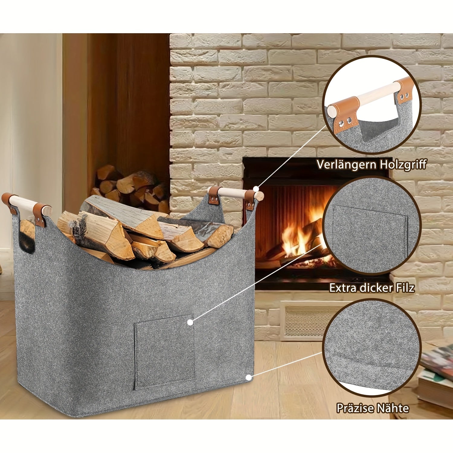 Light Grey Foldable Firewood Storage Basket with Wooden Handle and Felt Material