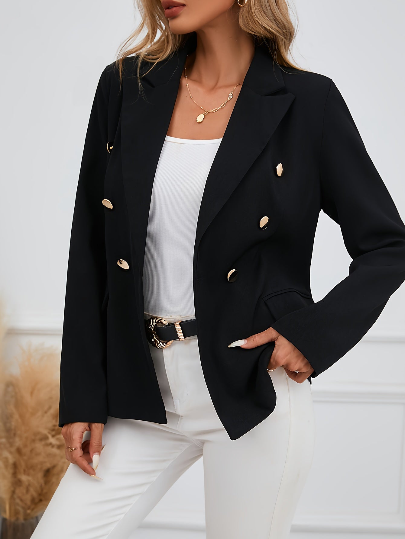 Women's Solid Color Double Breasted Blazer Long Sleeve Office Workwear
