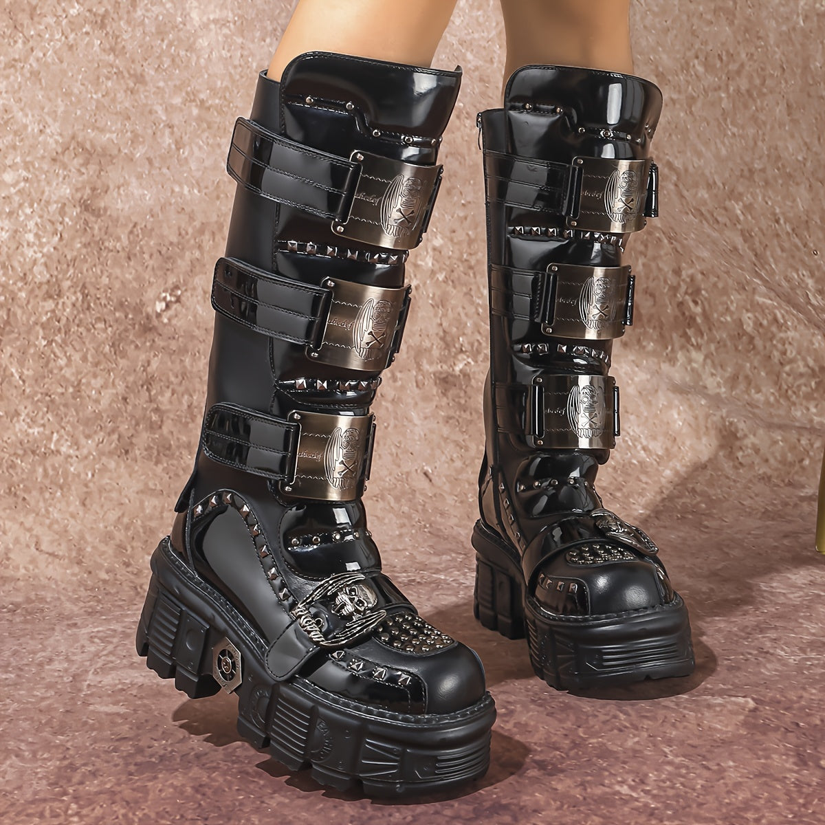 Women's Black Leather Punk Platform Boots Heavy Metal Thick Soles