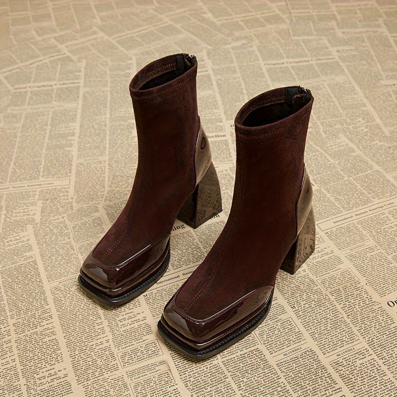 Women's Ankle Boots High Block Heel Square Toe Zipper All-Season Dress