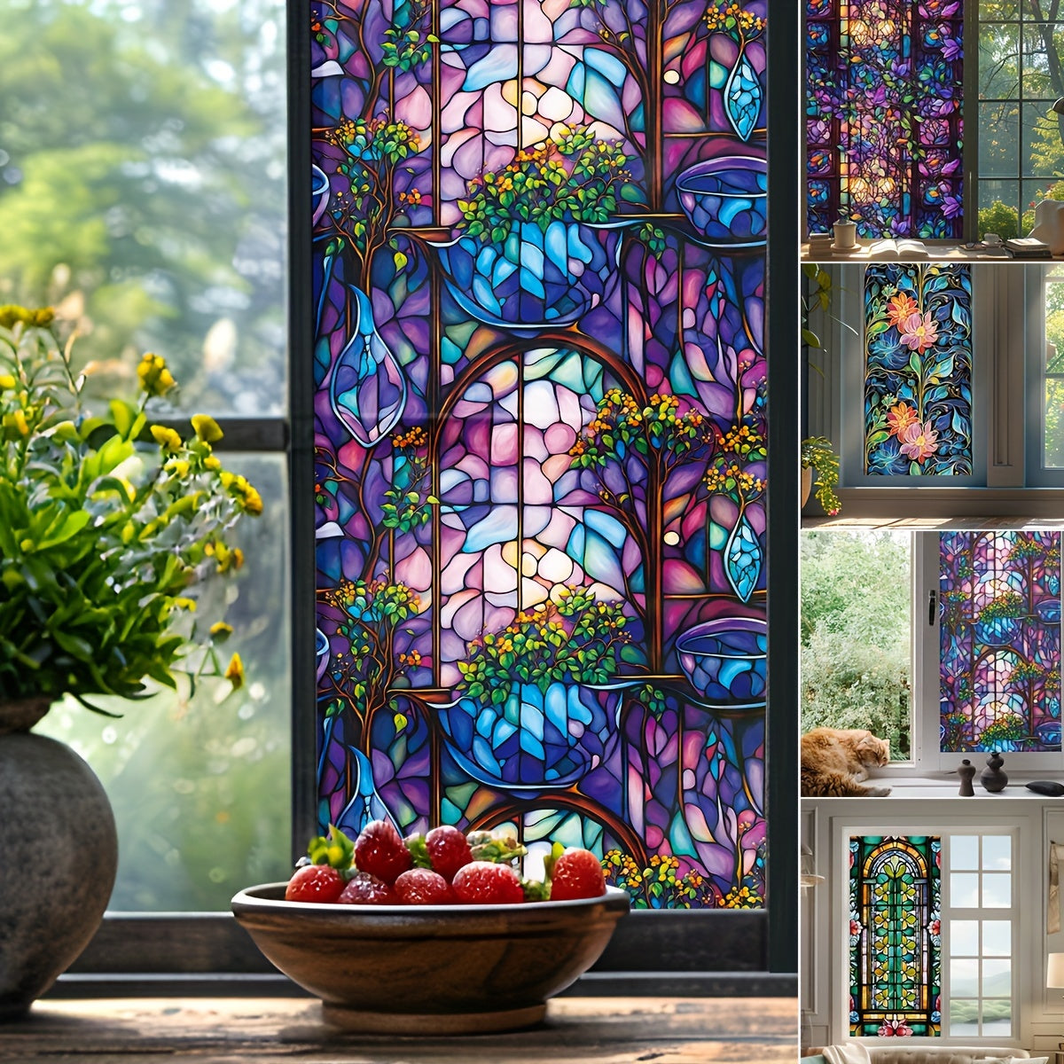 Vintage Floral Geometric Stained Glass Window Film Privacy Sun Protection