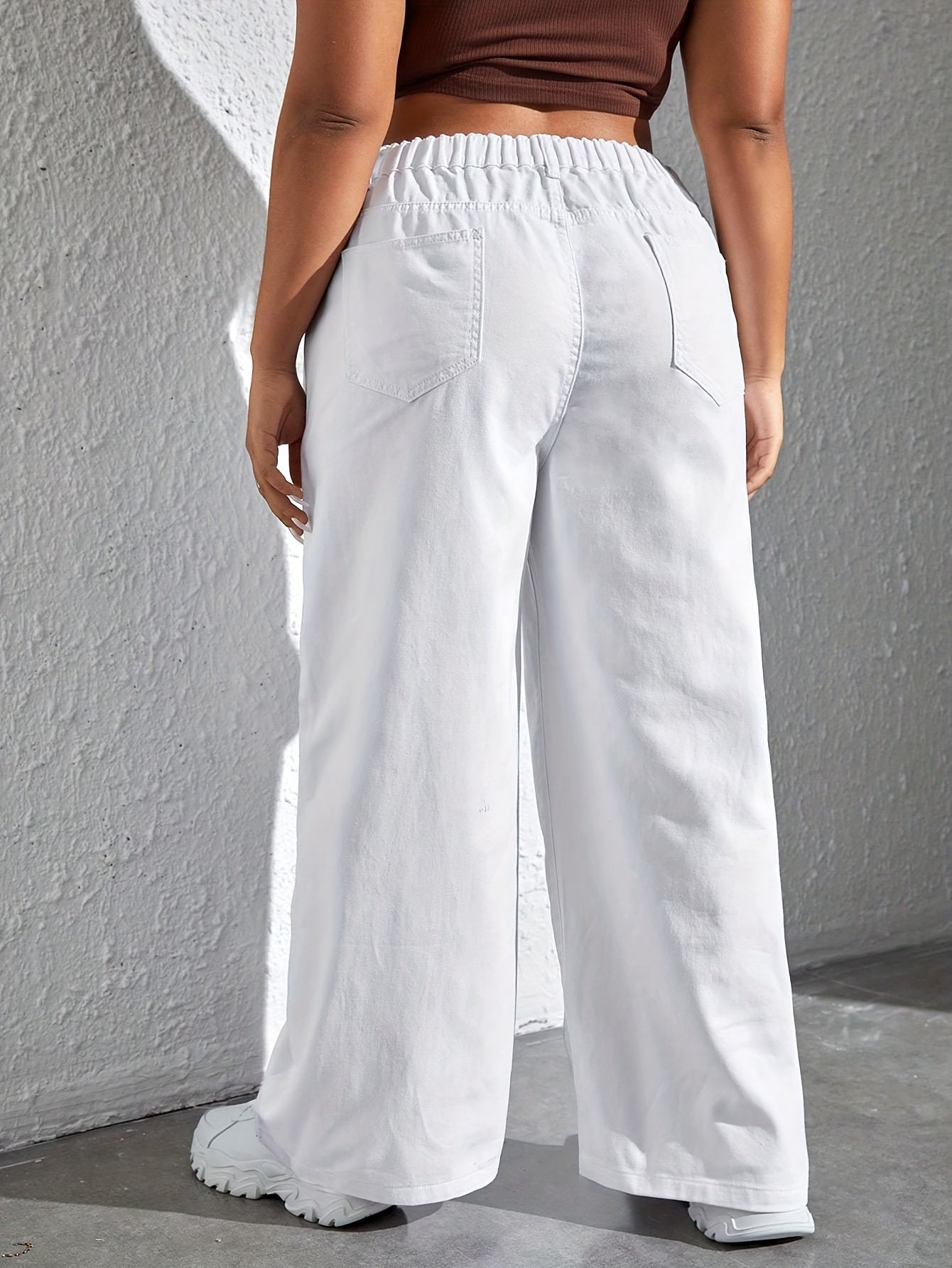 Plus Size Women's Wide Leg White Jeans with Slash Pockets Cotton Casual All-Season