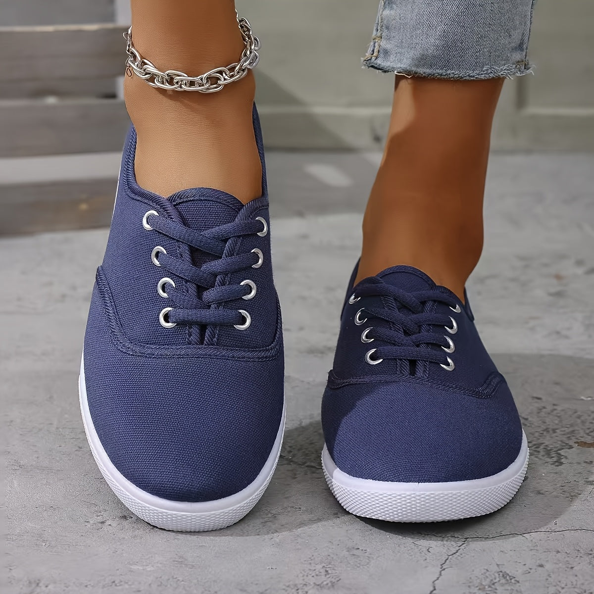 Women's Navy Blue Casual Sneakers Lace-Up Low Tops with Round Toe