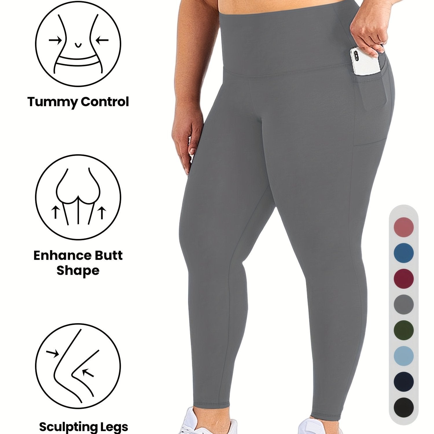Plus Size Women's High-Waist 9/3 Length Leggings with Pockets Casual Stretchy