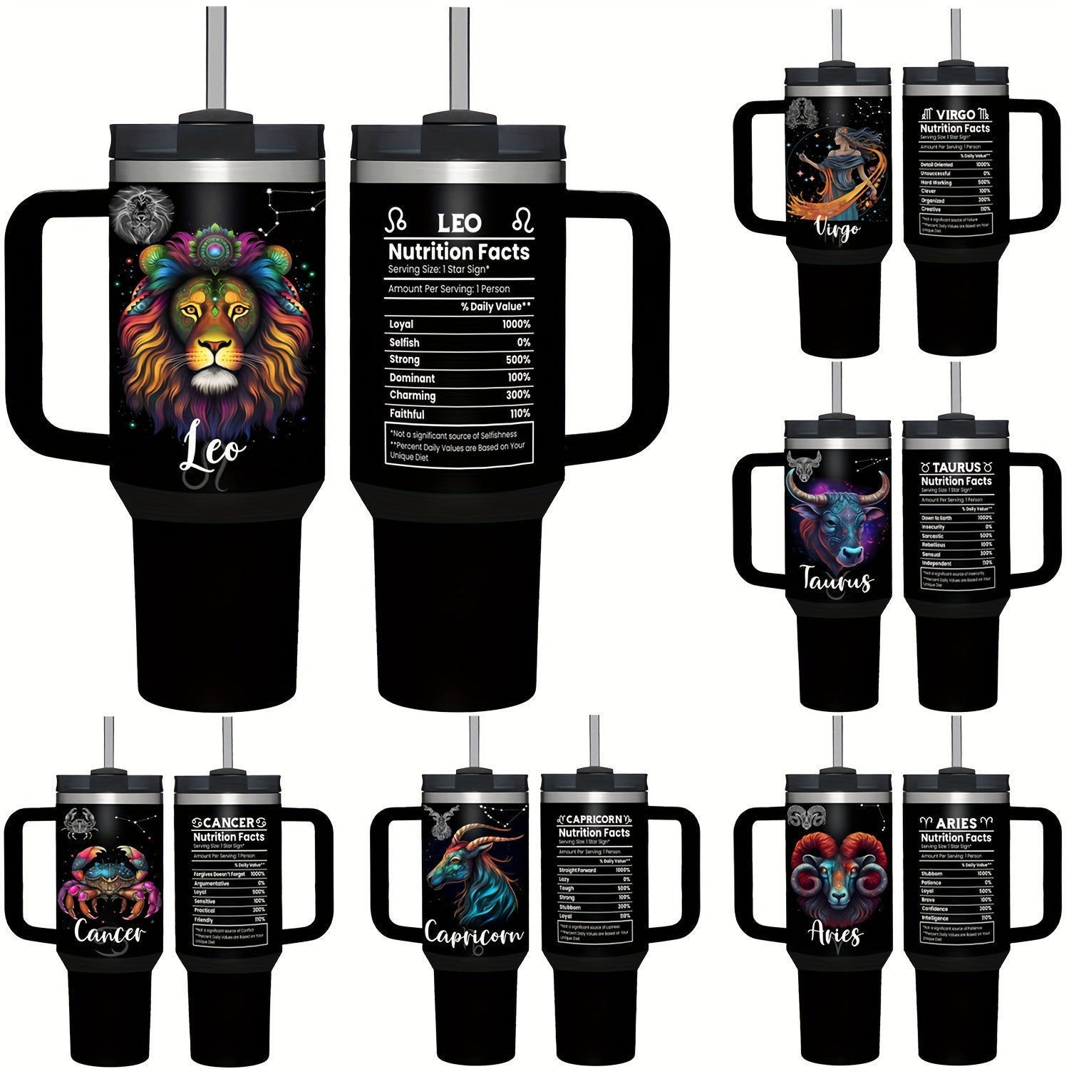 40oz zanglamaydigan po'latdan yasalgan Zodiac Tumbler, tutqich va quvurlik bilan, suyuqlik o'tkazmaydigan, BPAsiz, astrologiya uchun qahva stakani, erkaklar va ayollar uchun