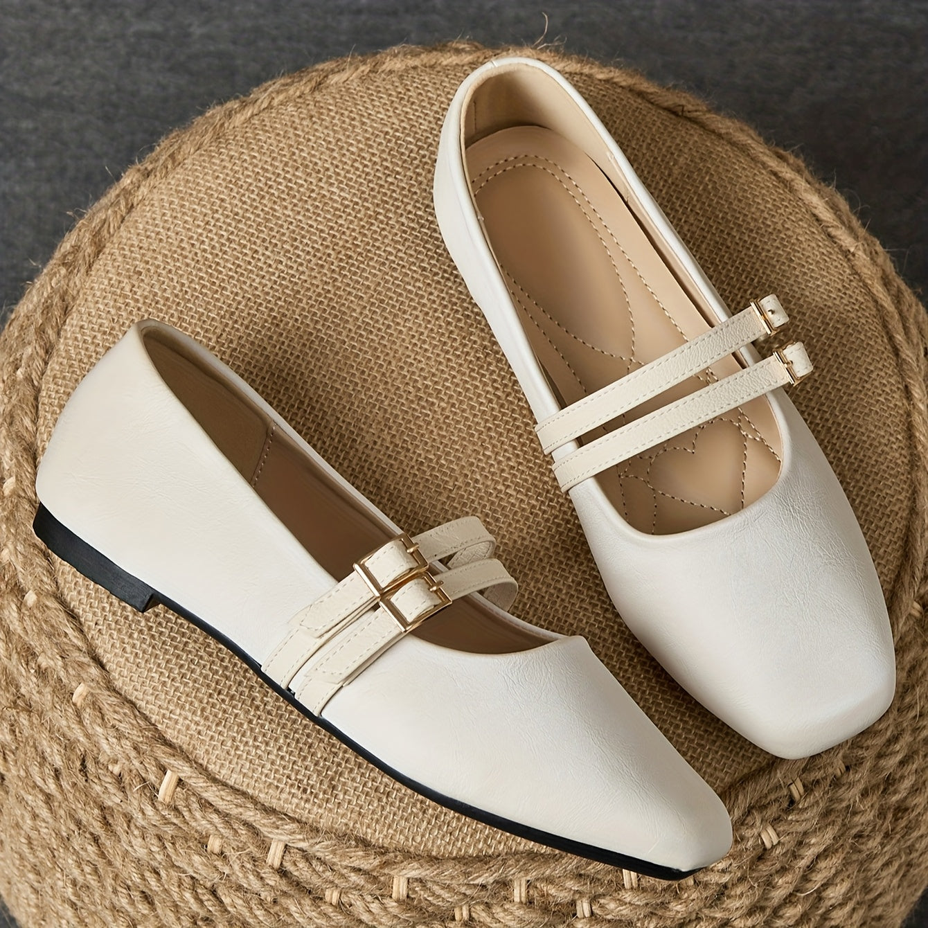 Women's White Slip-On Square Toe Flats with Metallic Buckle