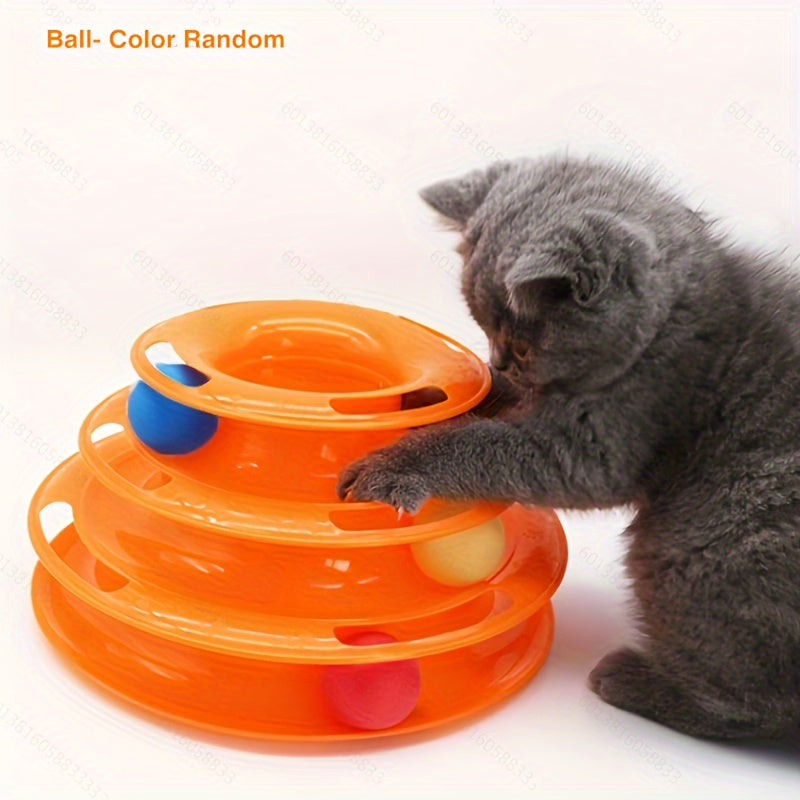 Three-Level Cat Toy Tower with Rotating Balls Durable Plastic No Batteries Included