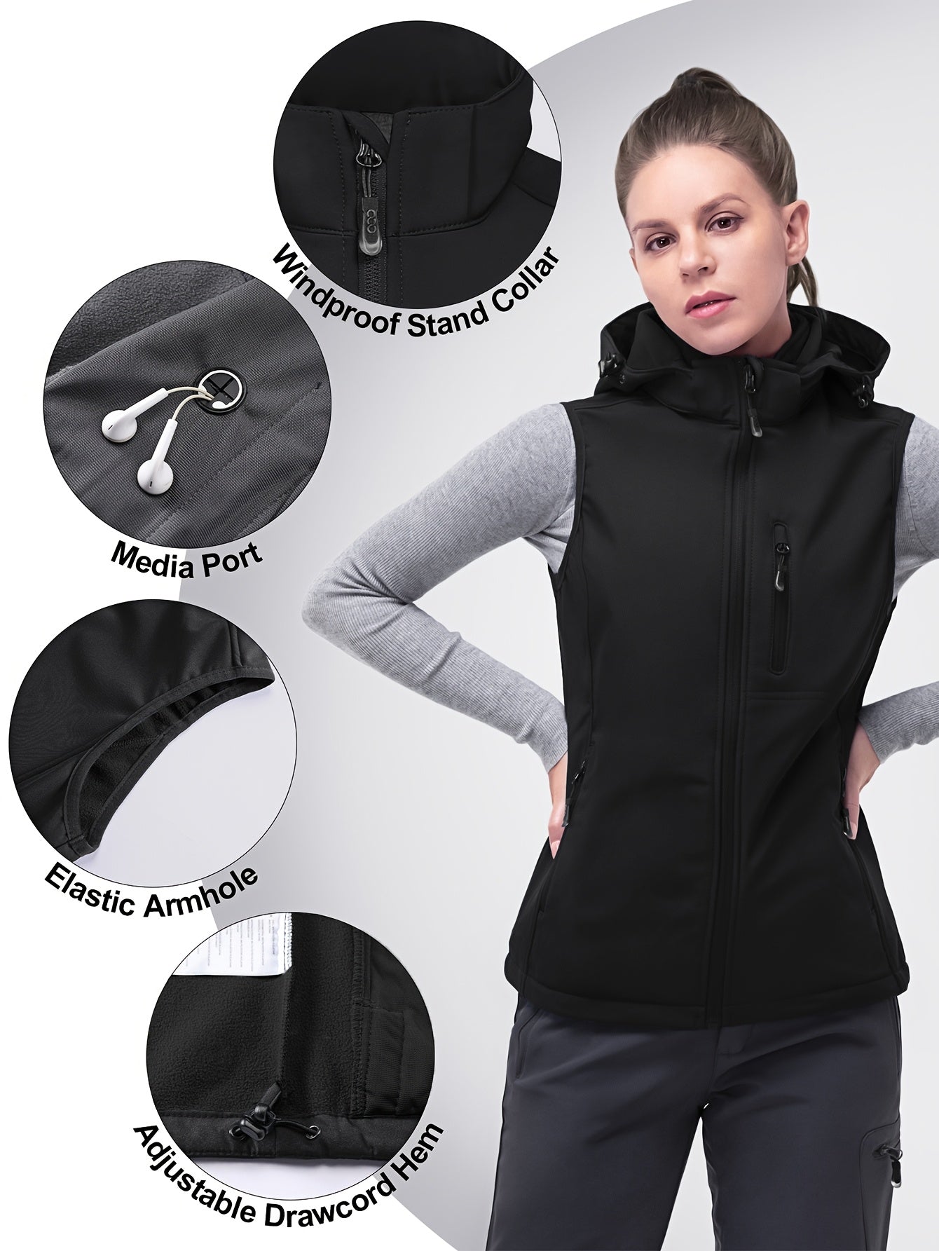 Women's Softshell Vest Hooded Lightweight Windproof Sleeveless Fleece Outdoor